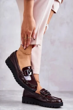 Lakierowane Półbuty Loafery Na Platformie Bordowe Kjersti