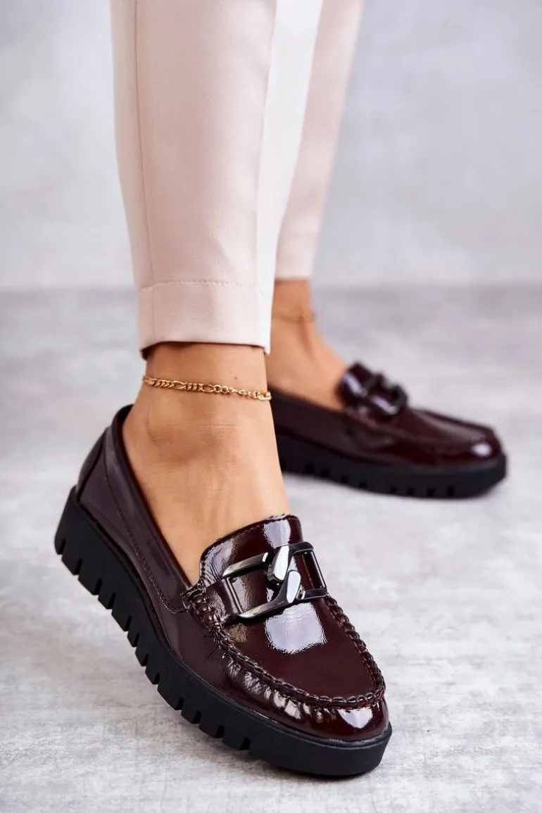 Lakierowane Półbuty Loafery Na Platformie Bordowe Kjersti