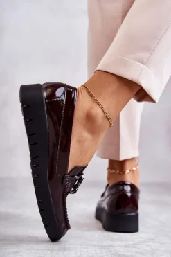 Lakierowane Półbuty Loafery Na Platformie Bordowe Kjersti