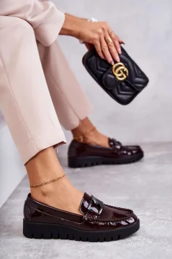 Lakierowane Półbuty Loafery Na Platformie Bordowe Kjersti