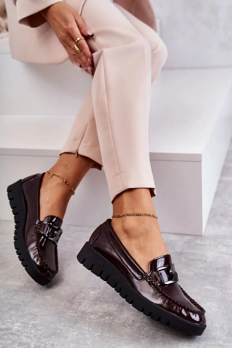 Lakierowane Półbuty Loafery Na Platformie Bordowe Kjersti