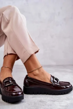 Lakierowane Półbuty Loafery Na Platformie Bordowe Kjersti