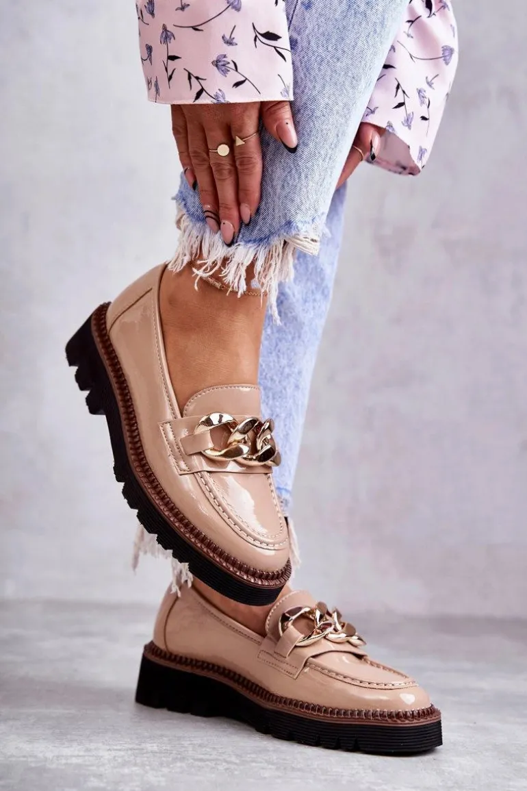 Lakierowane Półbuty Loafery Na Platformie Beżowe Reidun