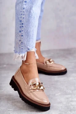 Lakierowane Półbuty Loafery Na Platformie Beżowe Reidun