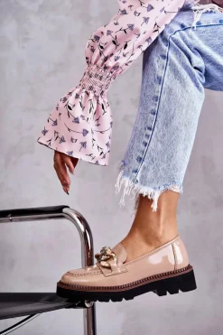 Lakierowane Półbuty Loafery Na Platformie Beżowe Reidun