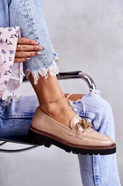 Lakierowane Półbuty Loafery Na Platformie Beżowe Reidun