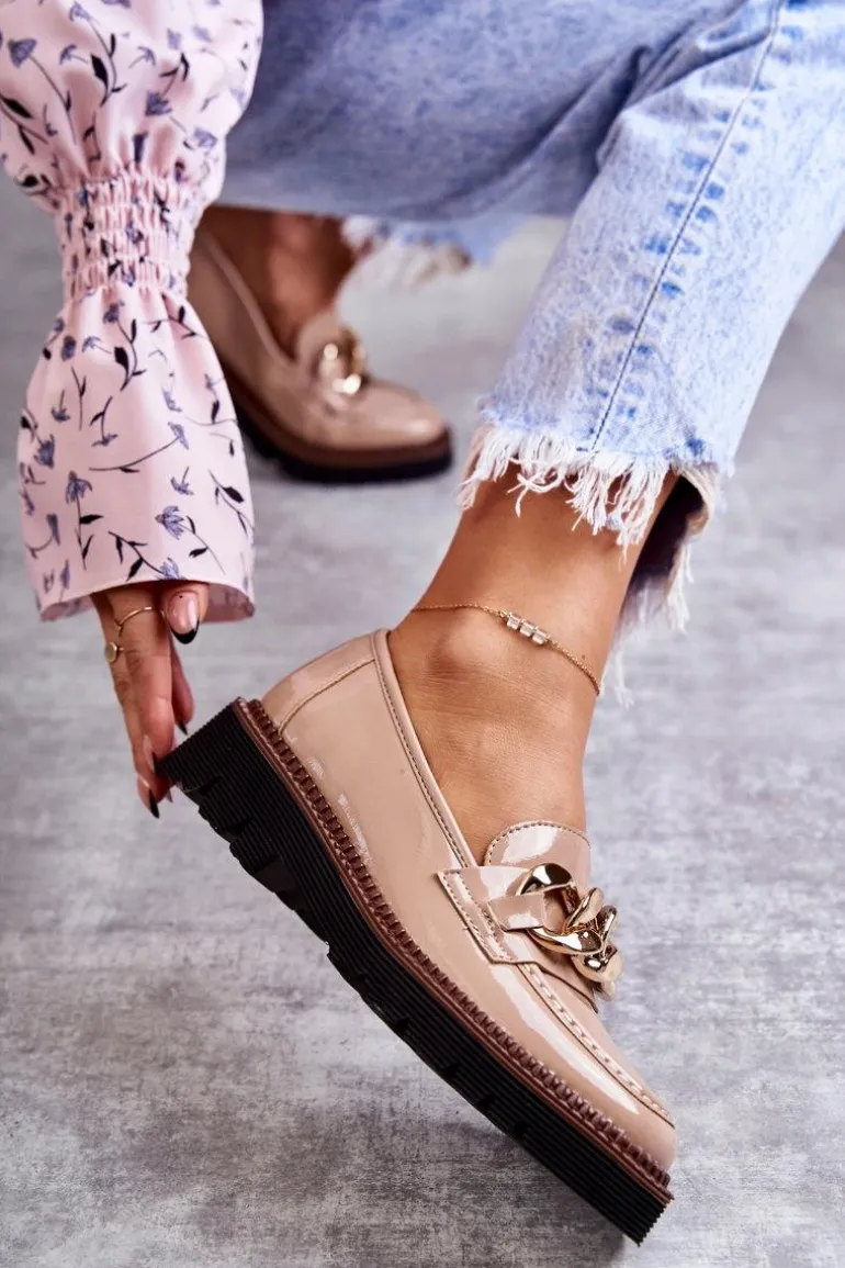 Lakierowane Półbuty Loafery Na Platformie Beżowe Reidun