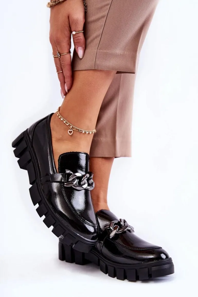 Lakierowane Półbuty Loafery Na Platformie Czarne Inger