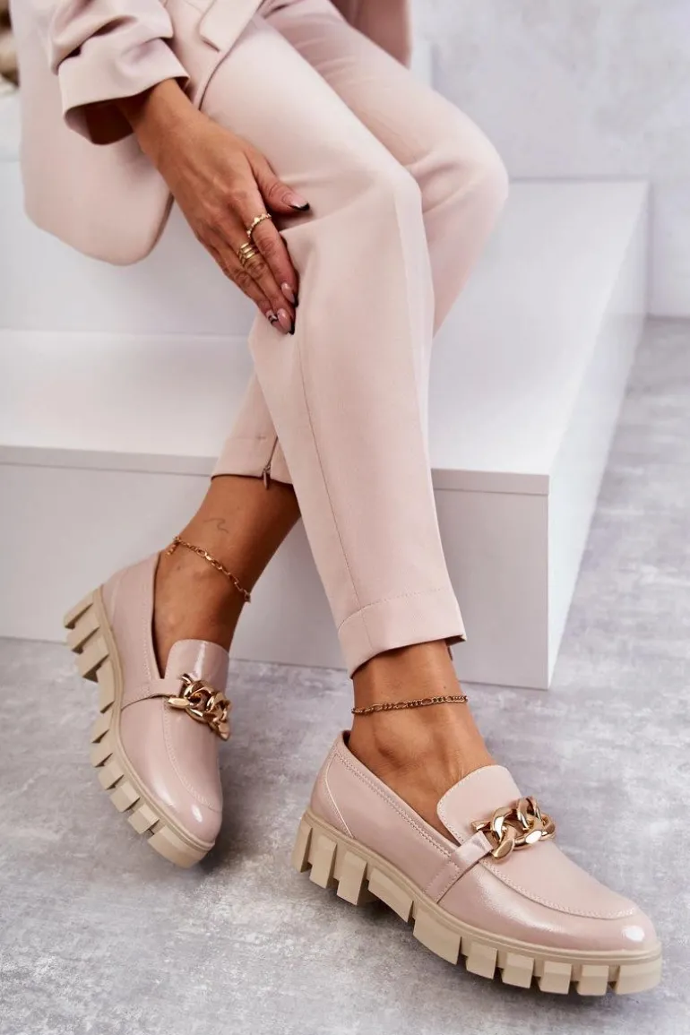 Lakierowane Półbuty Loafery Na Platformie Beżowe Inger