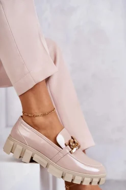 Lakierowane Półbuty Loafery Na Platformie Beżowe Inger