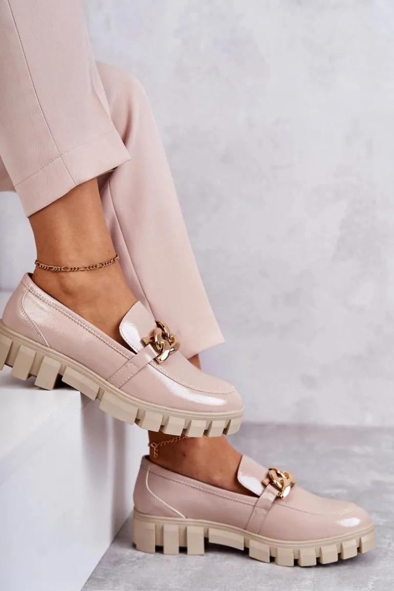 Lakierowane Półbuty Loafery Na Platformie Beżowe Inger