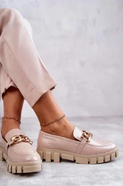 Lakierowane Półbuty Loafery Na Platformie Beżowe Inger