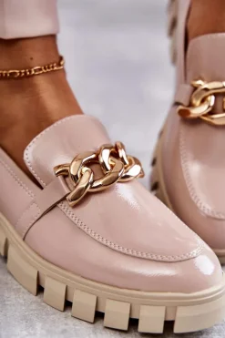 Lakierowane Półbuty Loafery Na Platformie Beżowe Inger