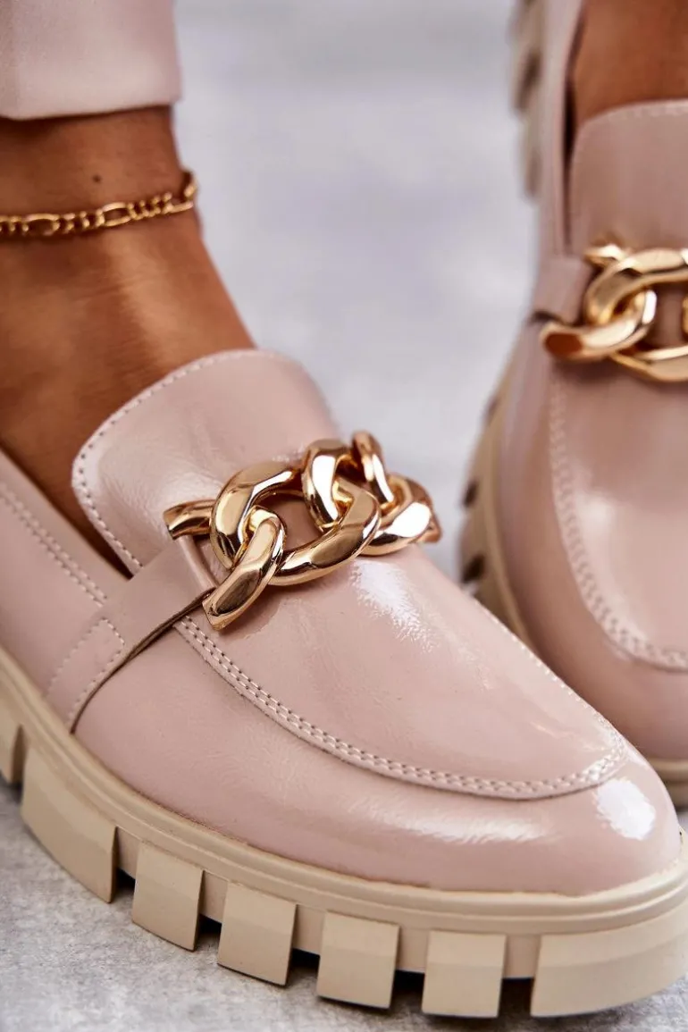 Lakierowane Półbuty Loafery Na Platformie Beżowe Inger