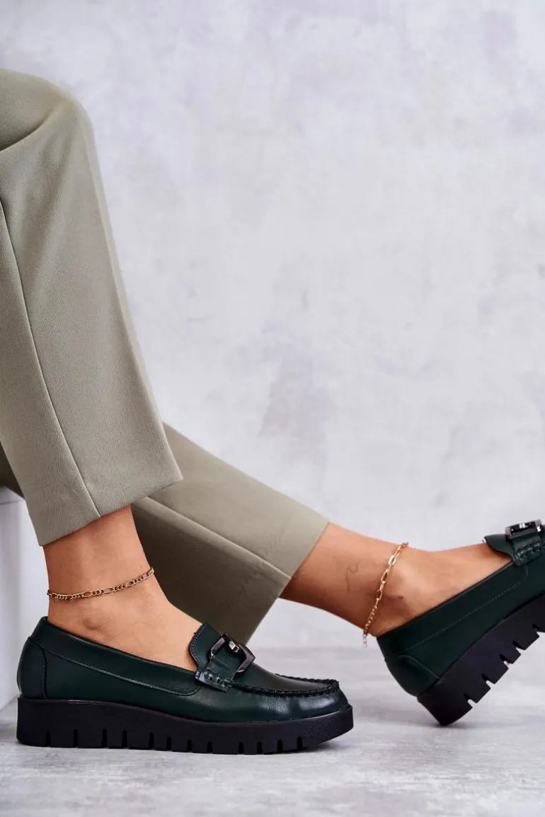 Lakierowane Półbuty Loafery Na Platformie Zielone Kjersti