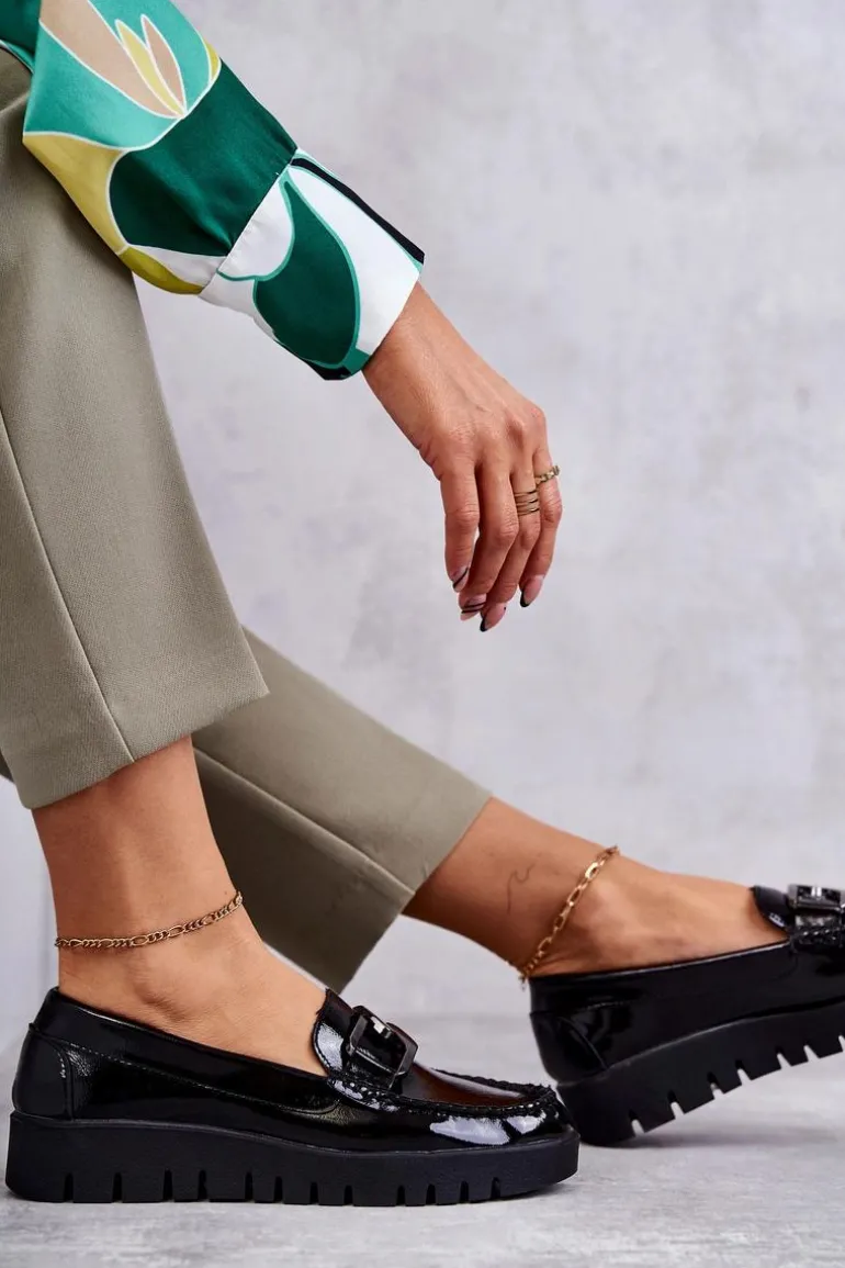Lakierowane Półbuty Loafery Na Platformie Czarne Kjersti