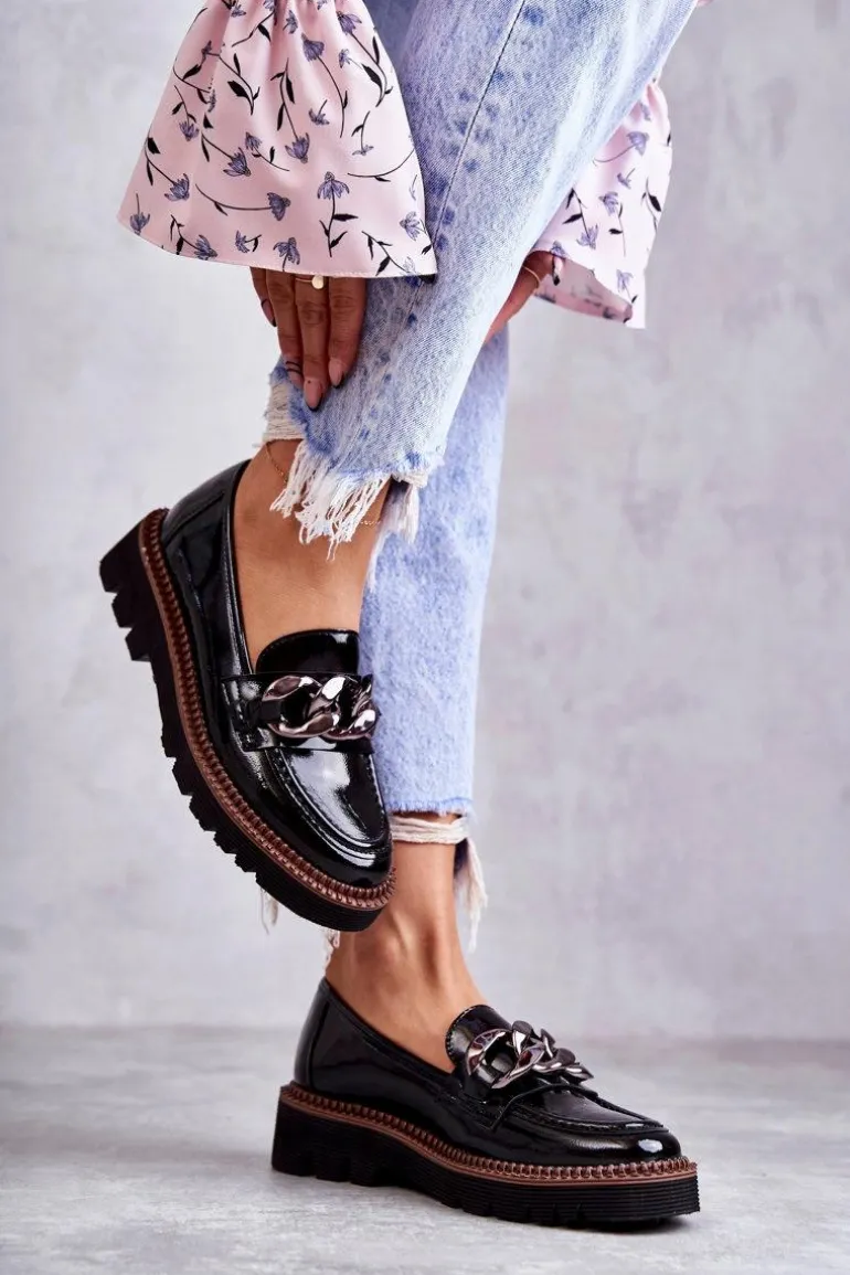 Lakierowane Półbuty Loafery Na Platformie Czarne Reidun