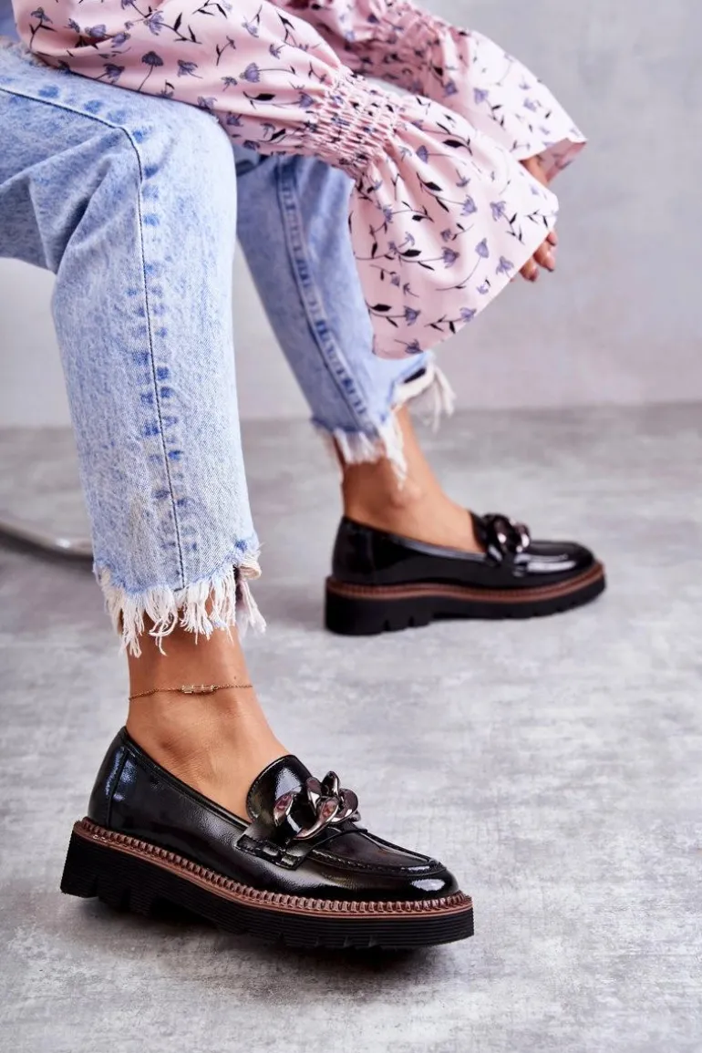 Lakierowane Półbuty Loafery Na Platformie Czarne Reidun