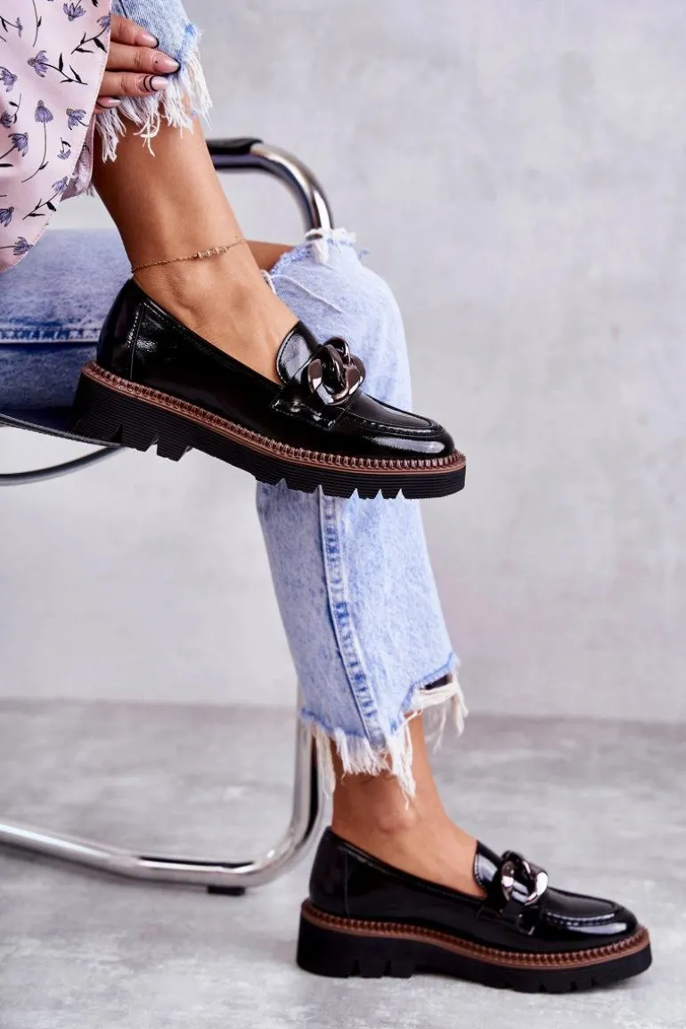 Lakierowane Półbuty Loafery Na Platformie Czarne Reidun