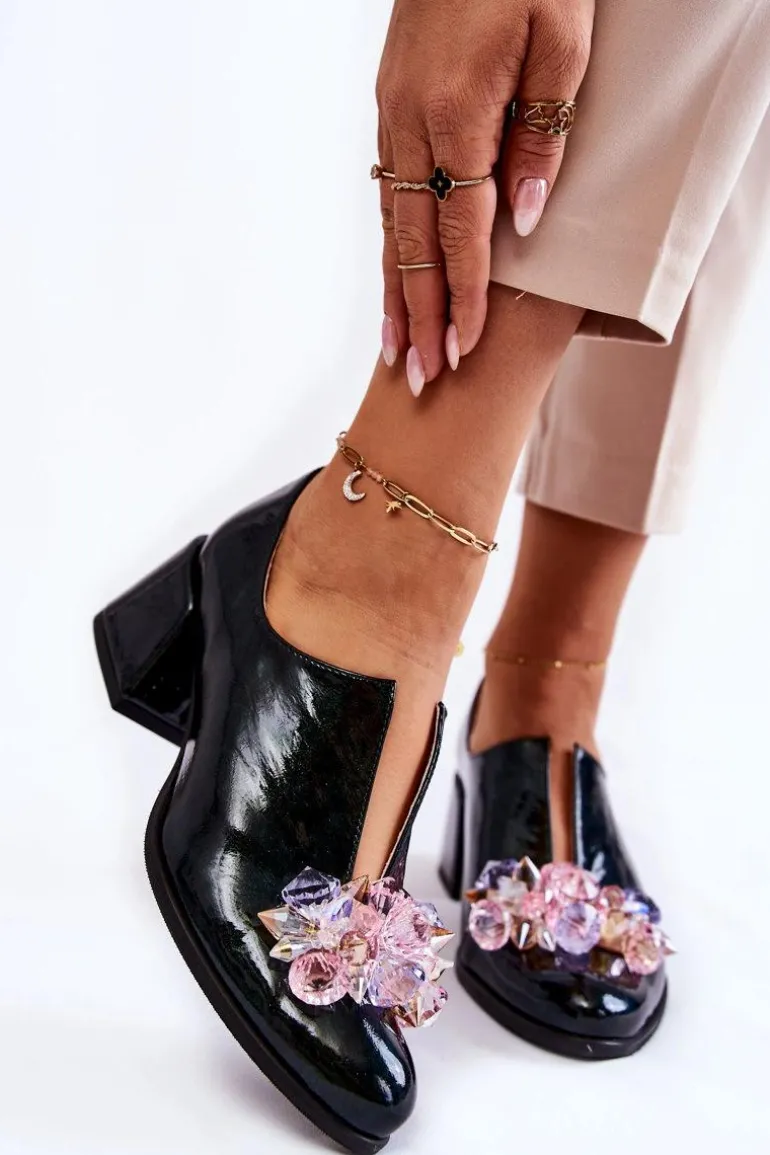 Lakierowane Półbuty Mozaika Z Transparentną Ozdobą Zielone Delaver