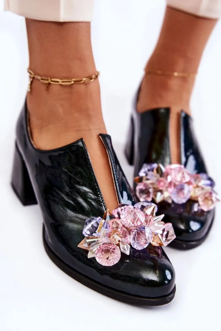 Lakierowane Półbuty Mozaika Z Transparentną Ozdobą Zielone Delaver