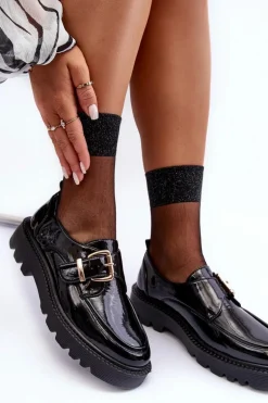 Lakierowane Półbuty Na Płaskim Obcasie Z Klamrą Czarne Meara