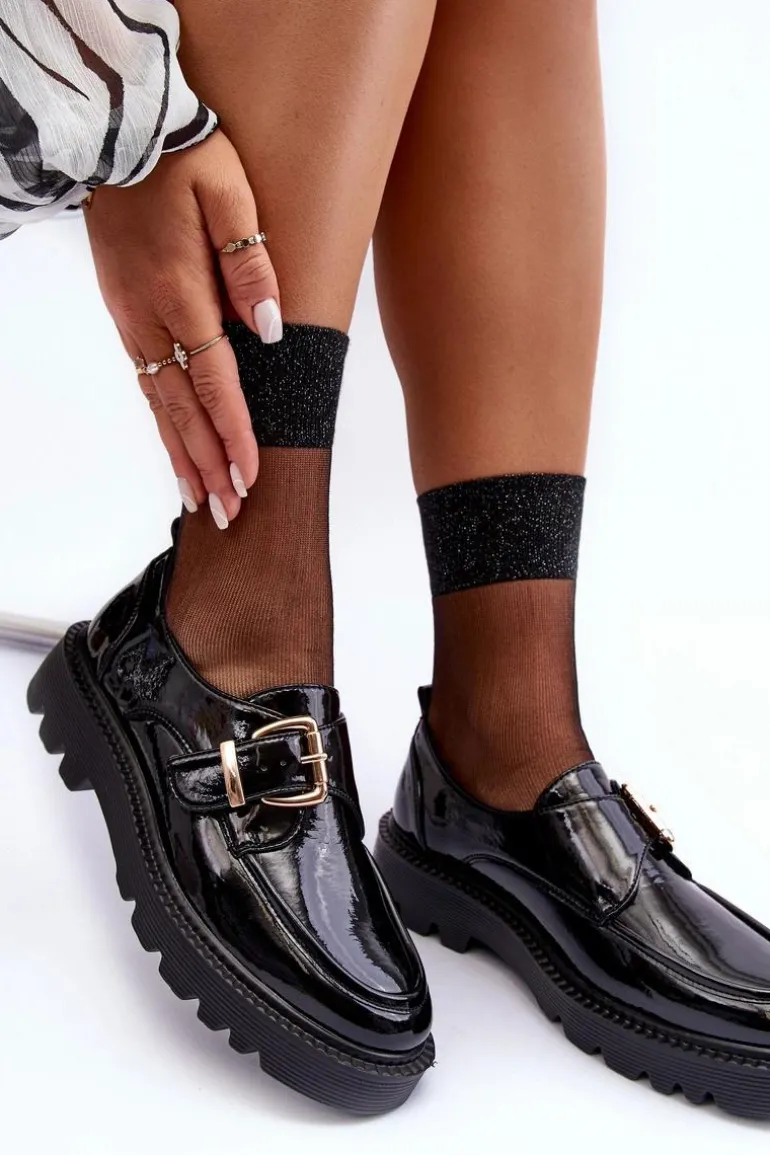 Lakierowane Półbuty Na Płaskim Obcasie Z Klamrą Czarne Meara