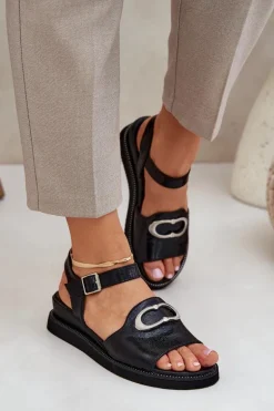 Lakierowane Sandały Damskie Na Koturnie Z Ozdobą Czarne Salianes