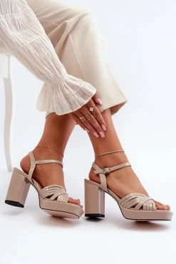 Lakierowane Sandały Damskie Na Słupku Beżowe D&A MR38-668