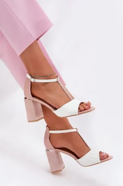 Lakierowane Sandały Damskie Na Słupku Vinceza 20276 Różowo-Białe