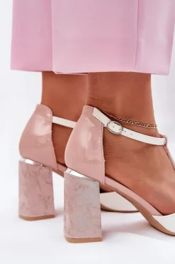 Lakierowane Sandały Damskie Na Słupku Vinceza 20276 Różowo-Białe