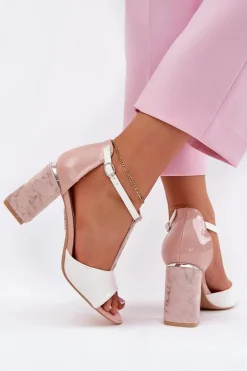 Lakierowane Sandały Damskie Na Słupku Vinceza 20276 Różowo-Białe