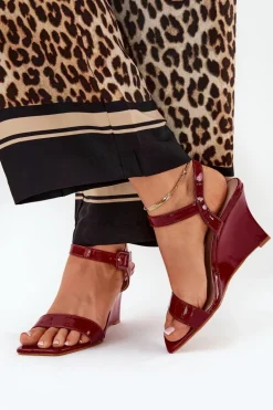 Lakierowane Sandały Damskie Na Koturnie Bordowe Vliraya