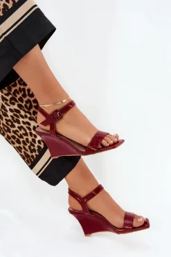 Lakierowane Sandały Damskie Na Koturnie Bordowe Vliraya
