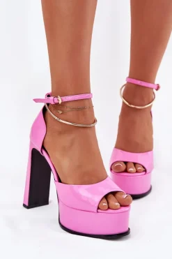 Lakierowane Sandały Damskie Na Słupku I Platformie Różowe Horvia