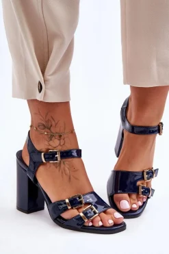 Lakierowane Sandały Na Obcasie S.Barski 80-3 Granatowe