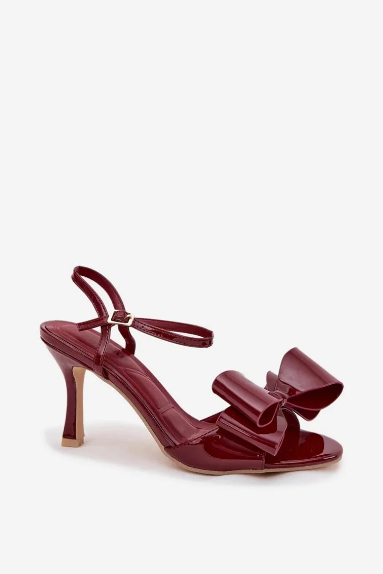 Lakierowane Sandały Na Szpilce Z Kokardą Bordowe Noliva