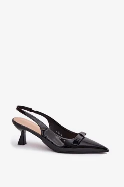 Lakierowane Sandały Na Szpilce Z Kokardką Czarne Naylna