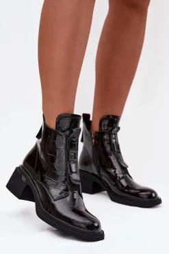 Lakierowane Skórzane Botki Damskie Z Tłoczeniem Na Klocku Czarne Lorenza
