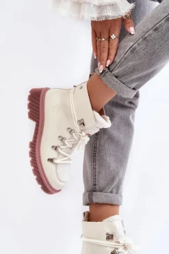 Lakierowane Skórzane Botki Trapery Damskie GOE MM2N4083 Białe