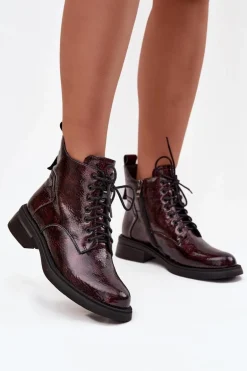 Lakierowane Skórzane Botki Damskie Na Klocku D&A LZ52-954 Bordowe