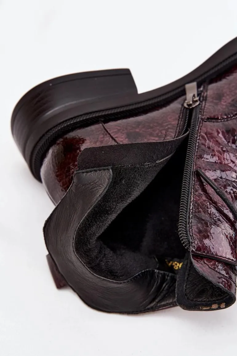 Lakierowane Skórzane Botki Damskie Na Klocku D&A LZ52-954 Bordowe