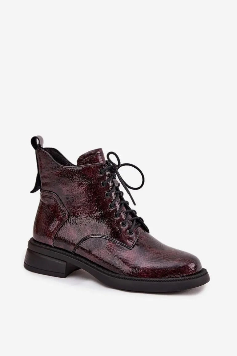 Lakierowane Skórzane Botki Damskie Na Klocku D&A LZ52-954 Bordowe