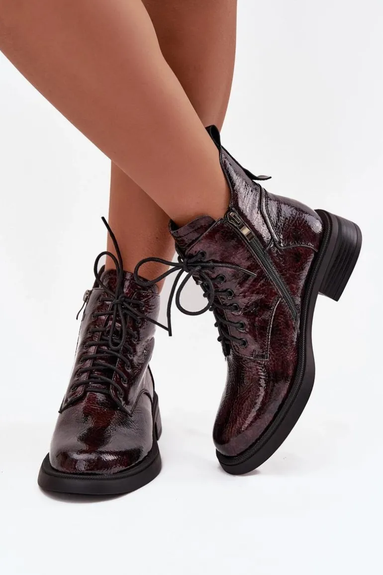 Lakierowane Skórzane Botki Damskie Na Klocku D&A LZ52-954 Bordowe