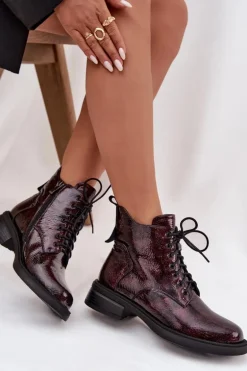 Lakierowane Skórzane Botki Damskie Na Klocku D&A LZ52-954 Bordowe