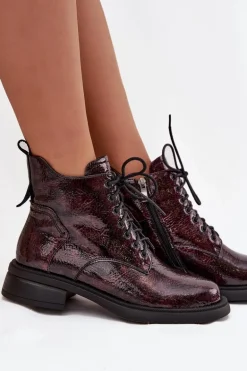 Lakierowane Skórzane Botki Damskie Na Klocku D&A LZ52-954 Bordowe