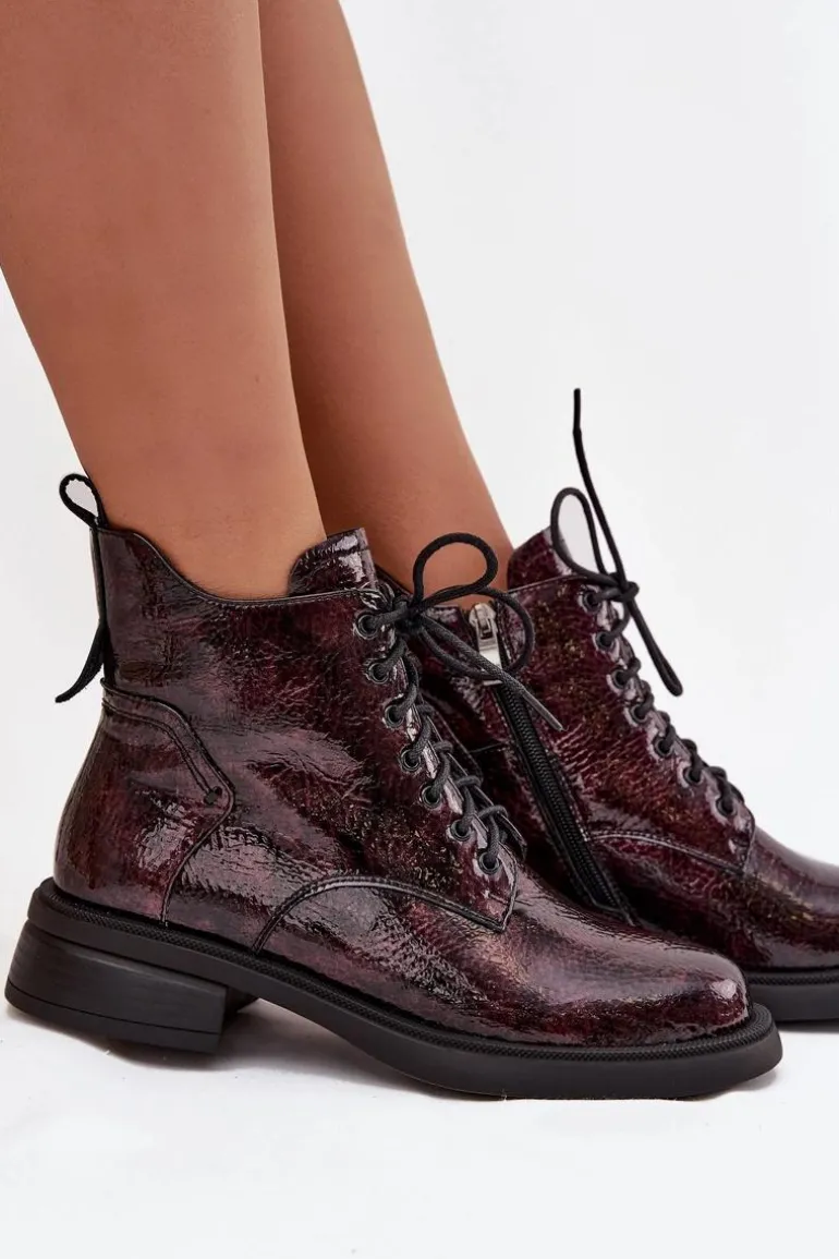 Lakierowane Skórzane Botki Damskie Na Klocku D&A LZ52-954 Bordowe