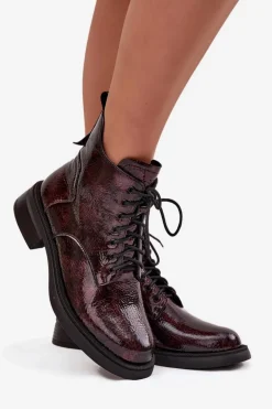 Lakierowane Skórzane Botki Damskie Na Klocku D&A LZ52-954 Bordowe