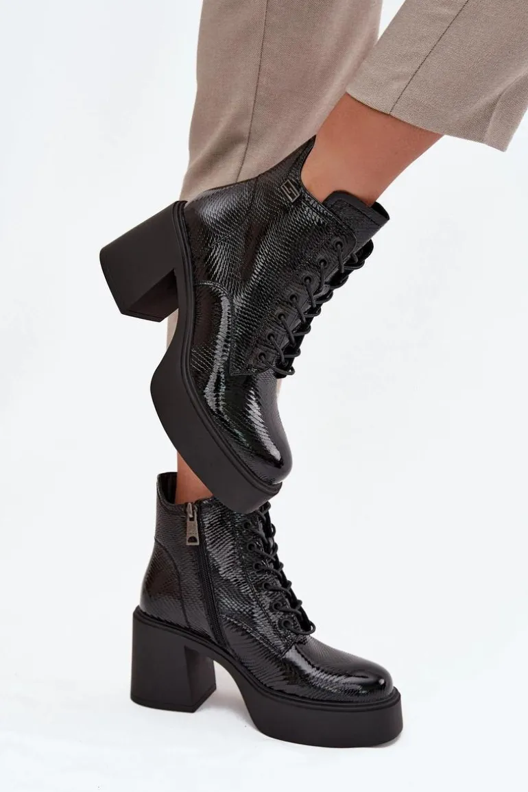 Lakierowane Skórzane Botki Damskie Na Platformie I Słupku Vinceza 66817 Czarne