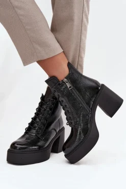 Lakierowane Skórzane Botki Damskie Na Platformie I Słupku Vinceza 66817 Czarne